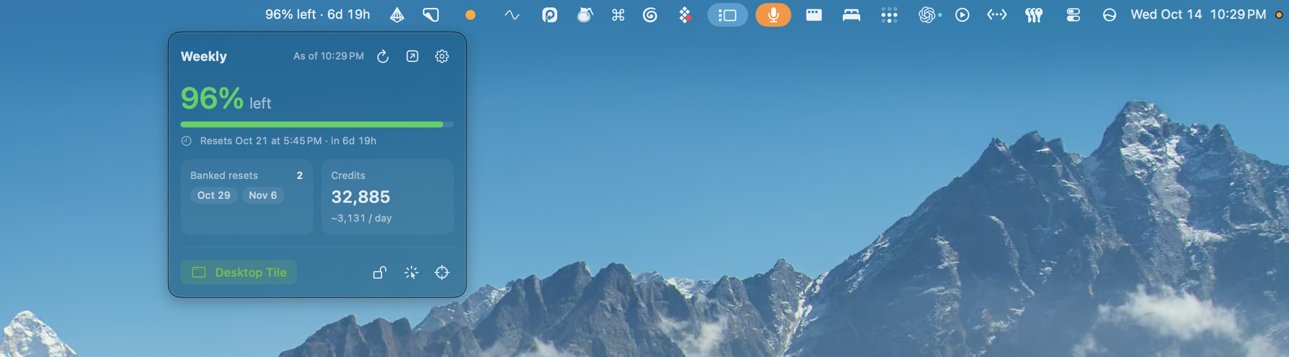 Gauge in the macOS menu bar with its popover open